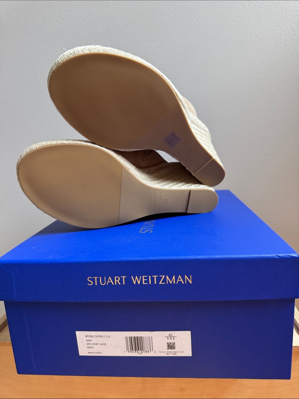 Stuart Weitzman Beige Suede Espadrille Wedge Slides - Picture 5 of 6